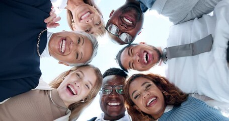 Canvas Print - Happy, motivation or face of business people in huddle for teamwork, collaboration or community. Team building, low angle or employees laughing in meeting with mission, diversity or group support