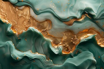 Poster - This image showcases the intricated detailing of golden and green swirls, forming a fluid and dynamic abstract pattern