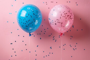 Poster - A blue and a pink balloon with scattered confetti illustrate a joyous celebration or festive event on a textured pink background