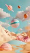 Retro-inspired floating objects in a dreamlike landscape 3d style isolated flying objects memphis style 3d render  AI generated illustration