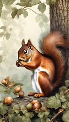 Wall Mural - a red squirrel sits on top of a tree branch with nuts
