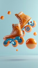 Poster - Roller skating wheels and skates soaring through the air 3d style isolated flying objects memphis style 3d render  AI generated illustration
