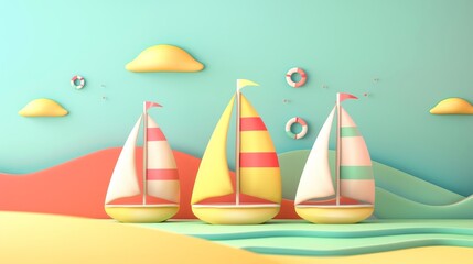 Poster - Sailing sails and boats in a retro color palette 3d style isolated flying objects memphis style 3d render  AI generated illustration