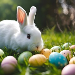 Canvas Print - AI generated illustration of a small white bunny sitting on grass with Easter eggs