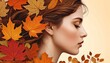 A serene portrait of a young woman with autumn leaves artistically framing her face against a plain backdrop.