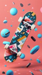 Poster - Skateboard deck and wheels in a geometric motif 3d style isolated flying objects memphis style 3d render  AI generated illustration