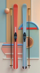Poster - Skis and poles in a retro color scheme 3d style isolated flying objects memphis style 3d render  AI generated illustration