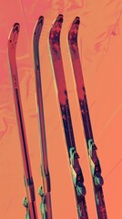 Poster - Skis and poles in a retro color scheme 3d style isolated flying objects memphis style 3d render  AI generated illustration