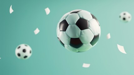 Fototapete - Soccer ball flying through the air 3d style isolated flying objects memphis style 3d render  AI generated illustration