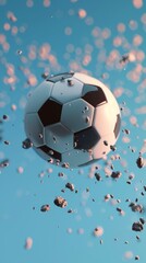 Fototapete - Soccer ball flying through the air 3d style isolated flying objects memphis style 3d render  AI generated illustration