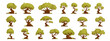 Large Set of forest trees of interesting and twisted shapes, bonsai and oaks, green forest tree of interesting shapes, flat cartoon vector.