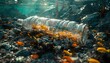 Plastic bottle floating in ocean with aquatic animal, fish. Ocean pollution, environmental conservation and ecology concept 
