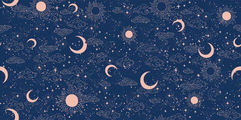 Wall Mural - seamless celestial pattern with sun, moon and stars, mystical astrological background, horoscope vec