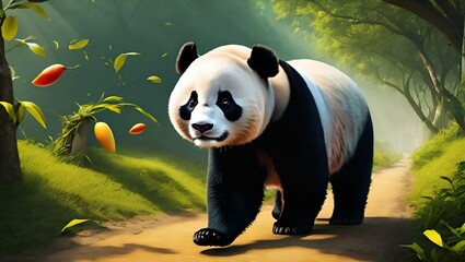 Wall Mural - AI generated illustration of a panda strolling towards the camera next to fruit on a path