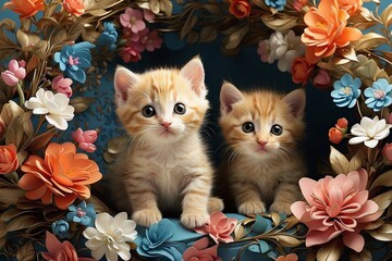 Poster - two kittens are laying inside of a flower covered wreath