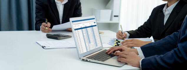 Poster - corporate accountant team use accounting software on laptop to calculate and maximize tax refund and