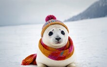 AI generated illustration of a seal with his trendy beanie and colorful scarf