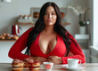 Busty and fat lady with big breast in red dress sitting at the table, next to her is some donuts and coffee mug,