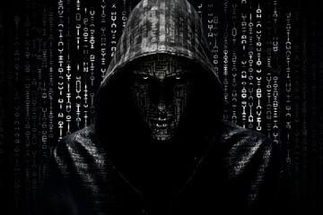 Wall Mural - AI generated illustration of a hacker surrounded by binary code lines, concept of internet security