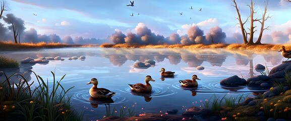 Poster - Group of ducks swimming and standing by the shore of a tranquil waterway, AI-generated.