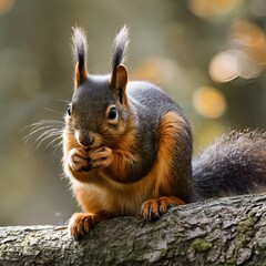Wall Mural - AI generated illustration of a close-up of a squirrel on a tree branch, eating