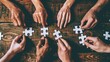 AI generated illustration of teamwork and collaboration concept with hands assembling jigsaw puzzle