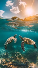 Wall Mural - two green sea turtles swimming under water in the sunlight with sun shining behind them