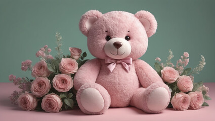 Canvas Print - a pink teddy bear sits amongst the pink roses on a table