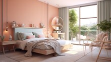 Charming Bedroom Interior Featuring Pastel Walls, Tufted Headboard, Chic Furniture, And Lush Floral Arrangements With Ample Natural Light..