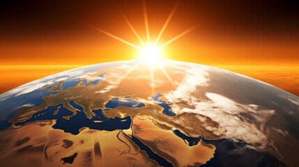 Poster - AI generated illustration of a view of sunrise from space, showing Earth with sun rising over it