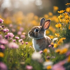 Wall Mural - AI generated illustration of a rabbit surrounded by daisies in field