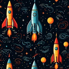 Wall Mural - AI generated illustration of space rockets surrounded by planets and stars in canvas art print