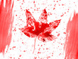 Happy Canada Day greeting card. 1 July of Independence Canada. Celebration composition with maple leaf, brush strokes and splashes in red colors. Watercolor illustration isolated on white background.
