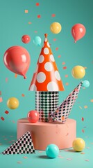 Poster - Retro party hats in a  3d style  3d style isolated flying objects memphis style  3d render   AI generated illustration