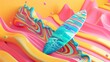 Surfboard and waves in a psychedelic pattern  3d style isolated flying objects memphis style  3d render   AI generated illustration