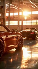 Wall Mural - Sunlight highlighting luxury cars in a garage   AI generated illustration