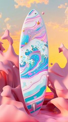 Poster - Surfboard and waves in a psychedelic pattern  3d style isolated flying objects memphis style  3d render   AI generated illustration