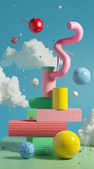 Poster - Surreal  3d renderings inspired by Memphis design  3d style isolated flying objects memphis style  3d render   AI generated illustration