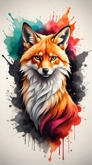 Poster - the fox with a colorful splash on it's face is painted in watercolor