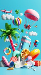Fototapete - Surreal and colorful travel motifs hovering in mid-air  3d style isolated flying objects memphis style  3d render  AI generated illustration