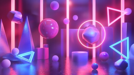 Poster - Surreal objects suspended in a neon atmosphere  3d style isolated flying objects memphis style  3d render   AI generated illustration
