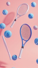 Fototapete - Tennis racquets and balls floating  3d style isolated flying objects memphis style  3d render   AI generated illustration