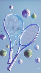 Fototapete - Tennis racquets and balls floating  3d style isolated flying objects memphis style  3d render   AI generated illustration