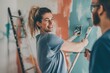 AI generated illustration of a young woman painting wall with brush, laughing with her husband