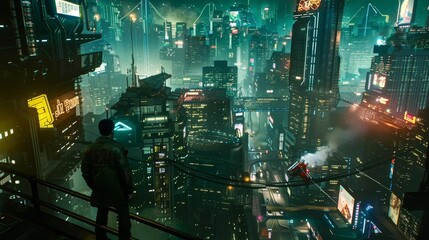 Poster - The citys residents move with purpose their cybernetic enhancements enhancing their abilities   AI generated illustration