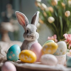 Canvas Print - AI generated illustration of a cute rabbit beside vibrant Easter eggs on a table