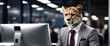 Business Cheetah wearing suits in an office, seated in front of a commanding monitor analyze complex data sets in real-time, with a digital interface overlaid onto the scene that high