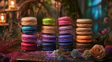 Some Macarons That Are Stacked Together On A Tray