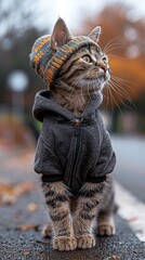 Canvas Print - AI generated illustration of a cat in a knitted hat and jacket stands on the street