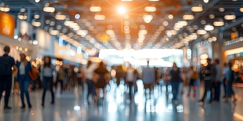 Wall Mural - A bustling conference hall filled with people networking and exchanging ideas against a blurred background